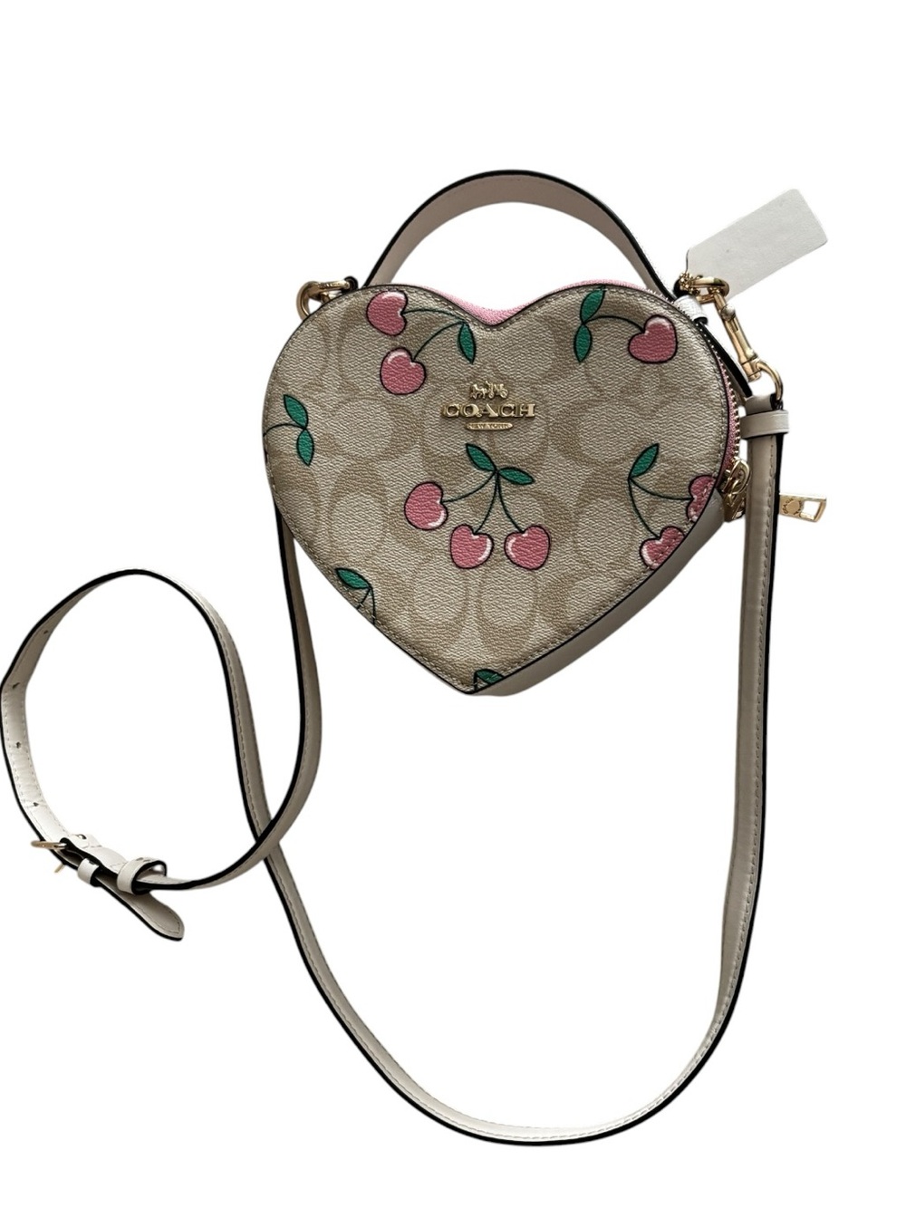 Coach Pink Cherry Print Beige Heart Crossbody - Picture 2 of 13